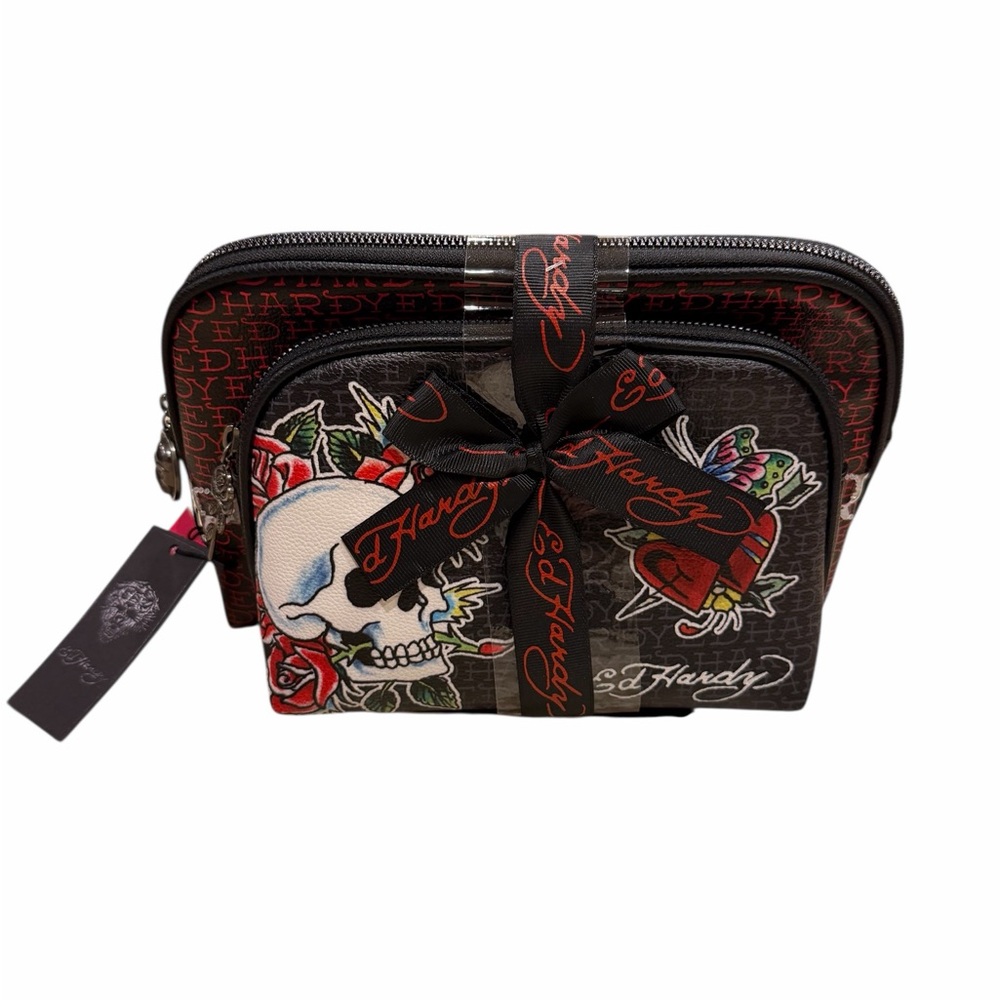 Ed Hardy Skull and Rose Cosmetic Bag Set- Black and Red